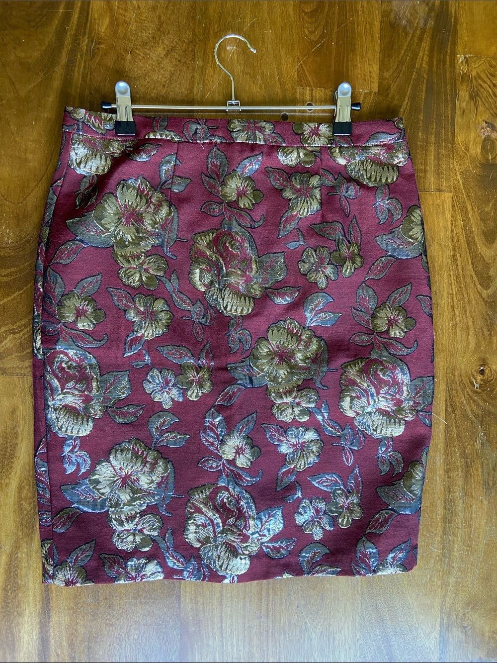 Metallic Floral Burgundy Pencil Skirt